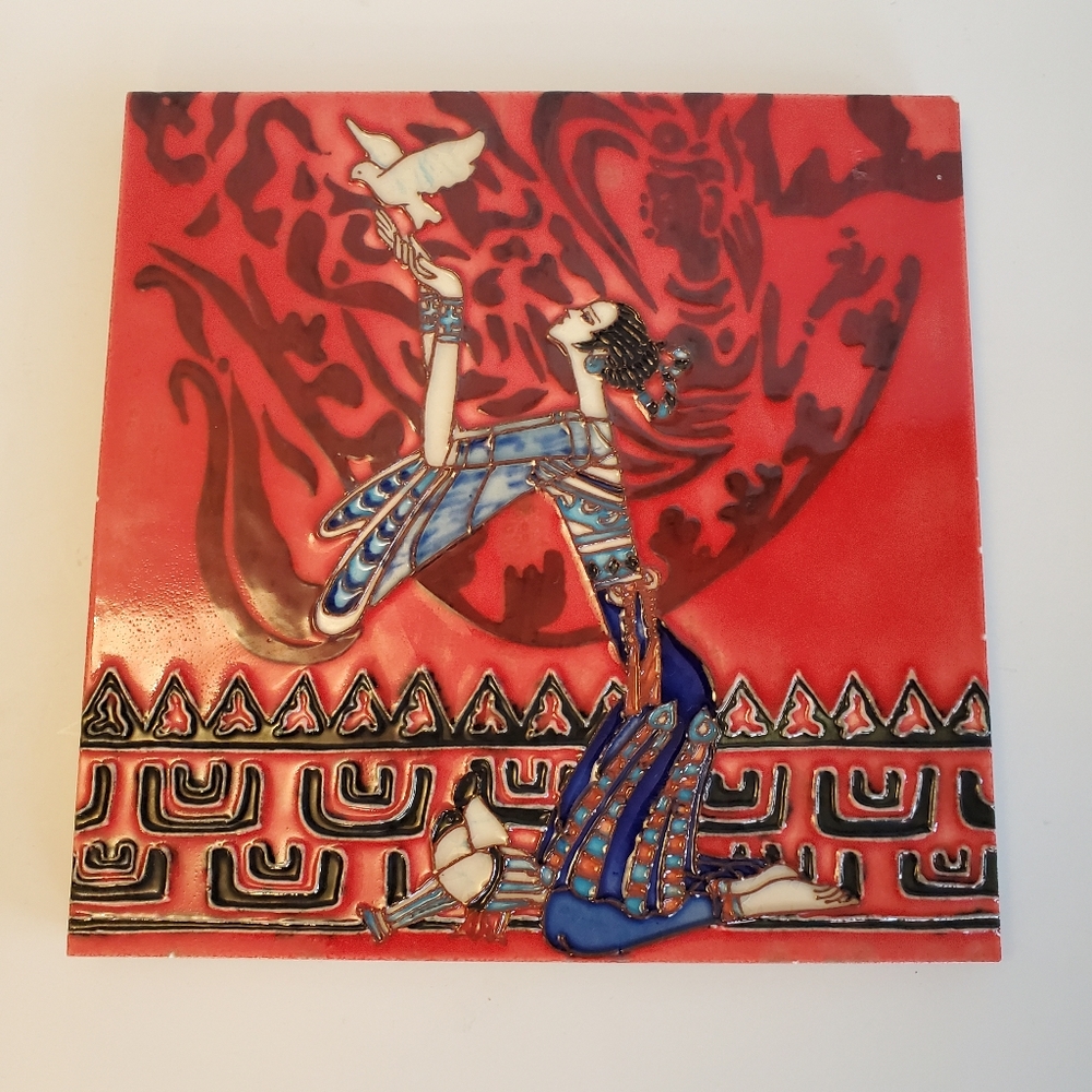 Raised textured Tile artwork woman dove wall hanging decor Peace And Religion